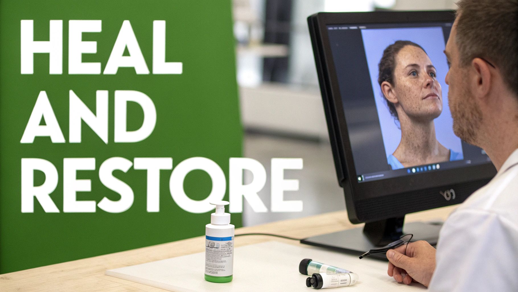 A man analyzes a woman's skin conditions on a computer monitor, with a 'HEAL AND RESTORE' sign and skincare products on the desk.