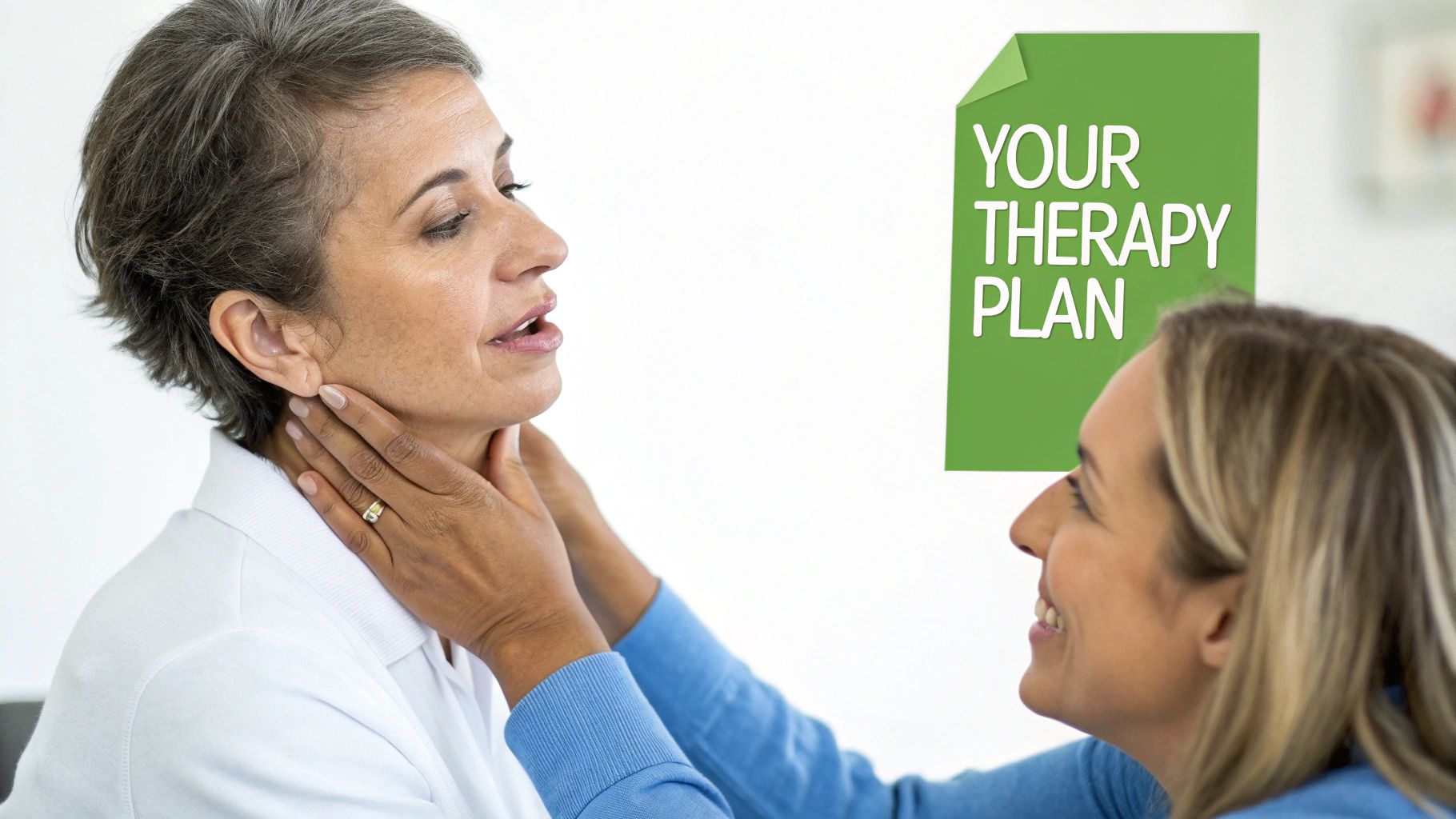 A therapist examines a patient's neck, holding her throat gently, with 'YOUR THERAPY PLAN' visible.