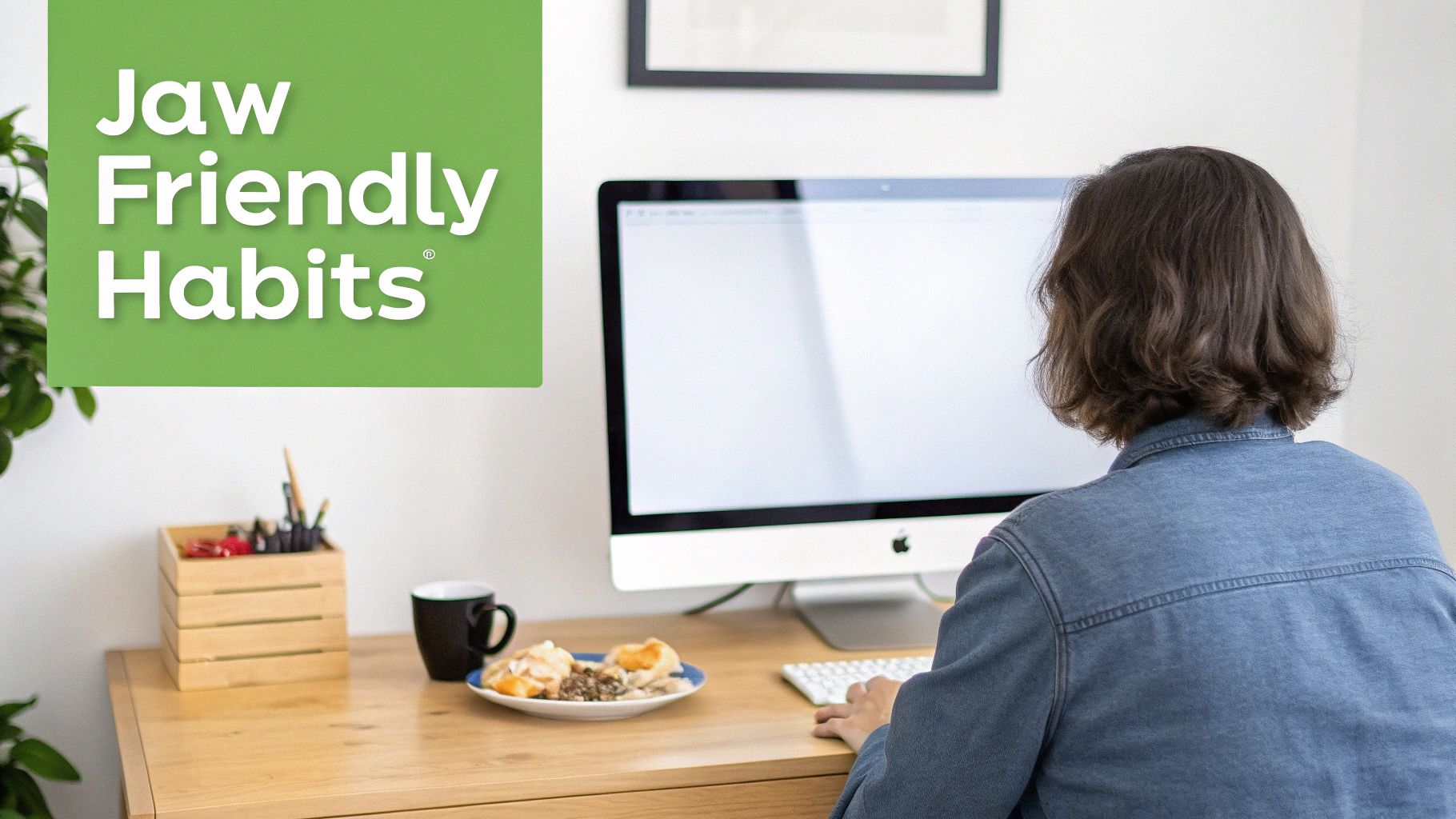 Back view of a person working at a computer desk with snacks and a "Jaw Friendly Habits" sign.