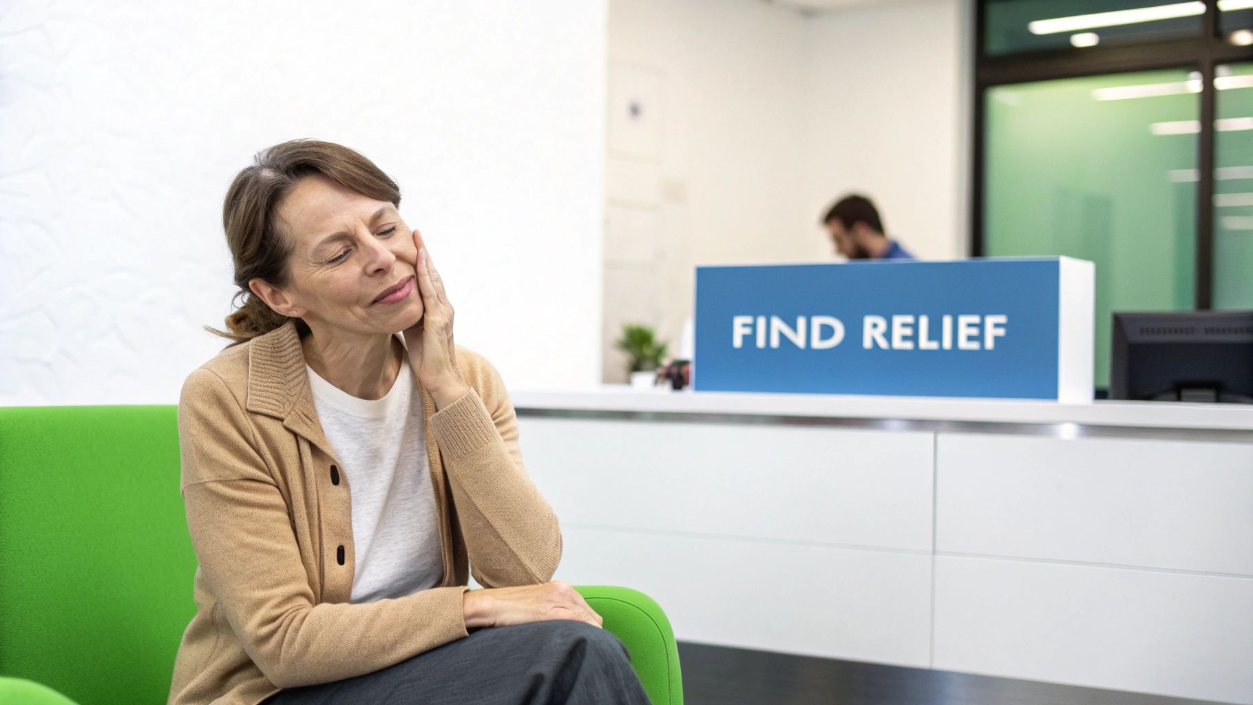 Middle-aged woman holding her jaw in a clinic waiting room, with a 'FIND RELIEF' sign.