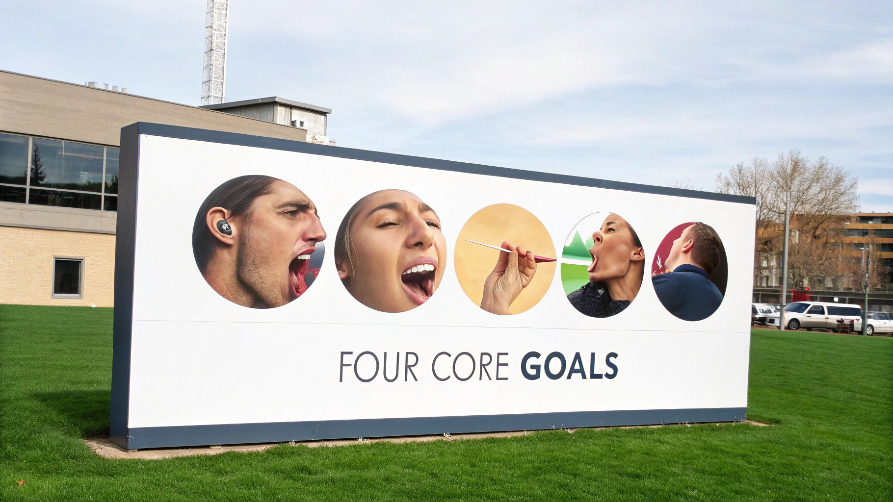 Outdoor sign displaying 'FOUR CORE GOALS' with five diverse faces performing mouth and vocal exercises.