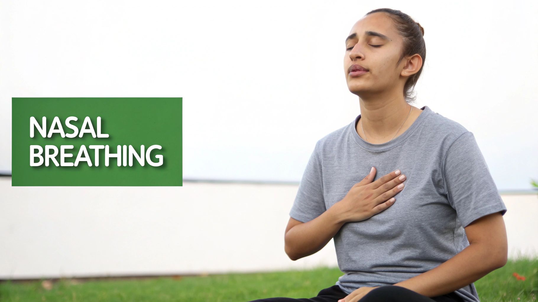 A young woman practices nasal breathing outdoors, eyes closed, hand on chest, with "NASAL BREATHING" text.