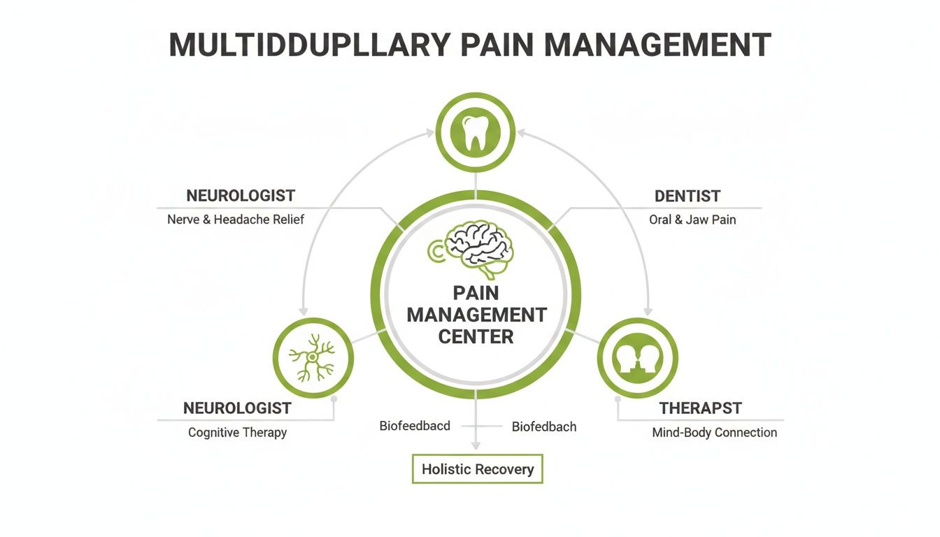 A diagram illustrating a multidisciplinary pain management center collaborating with neurologists, dentists, and therapists.