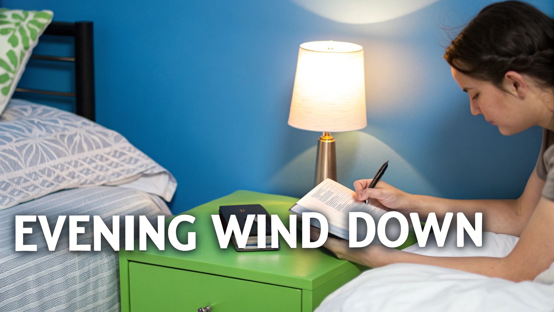 A young woman writes in her journal next to a glowing lamp in her bedroom at night.