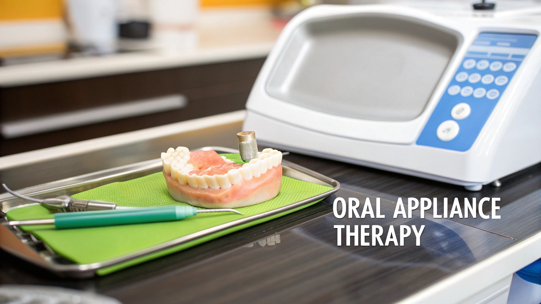 A dental model, instruments, and a dental appliance machine on a table, illustrating oral appliance therapy.