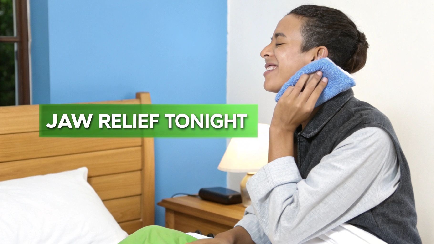 A person applies a blue compress to their jaw, seeking relief from pain.