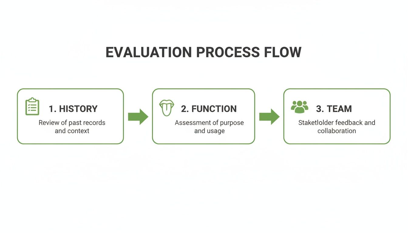 Evaluation process flow diagram showing three steps: History, Function, and Team, with descriptions.