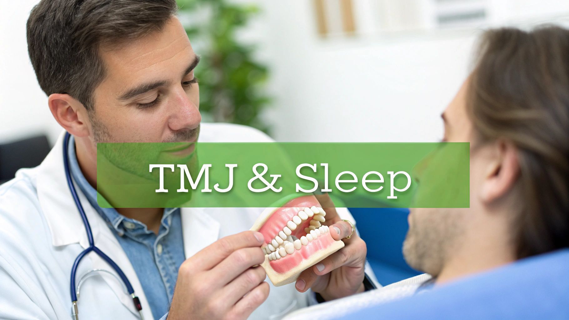 A doctor uses a dental model to explain TMJ and sleep issues to a patient in a clinic.