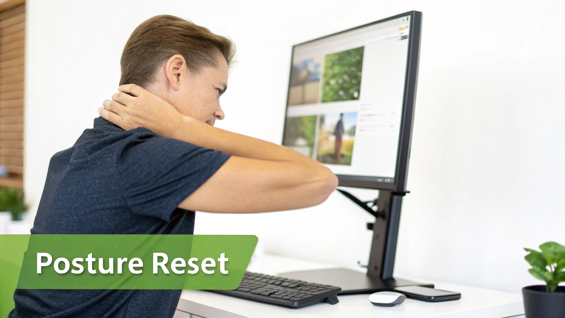 A person performing a posture reset stretch while working at a computer desk.