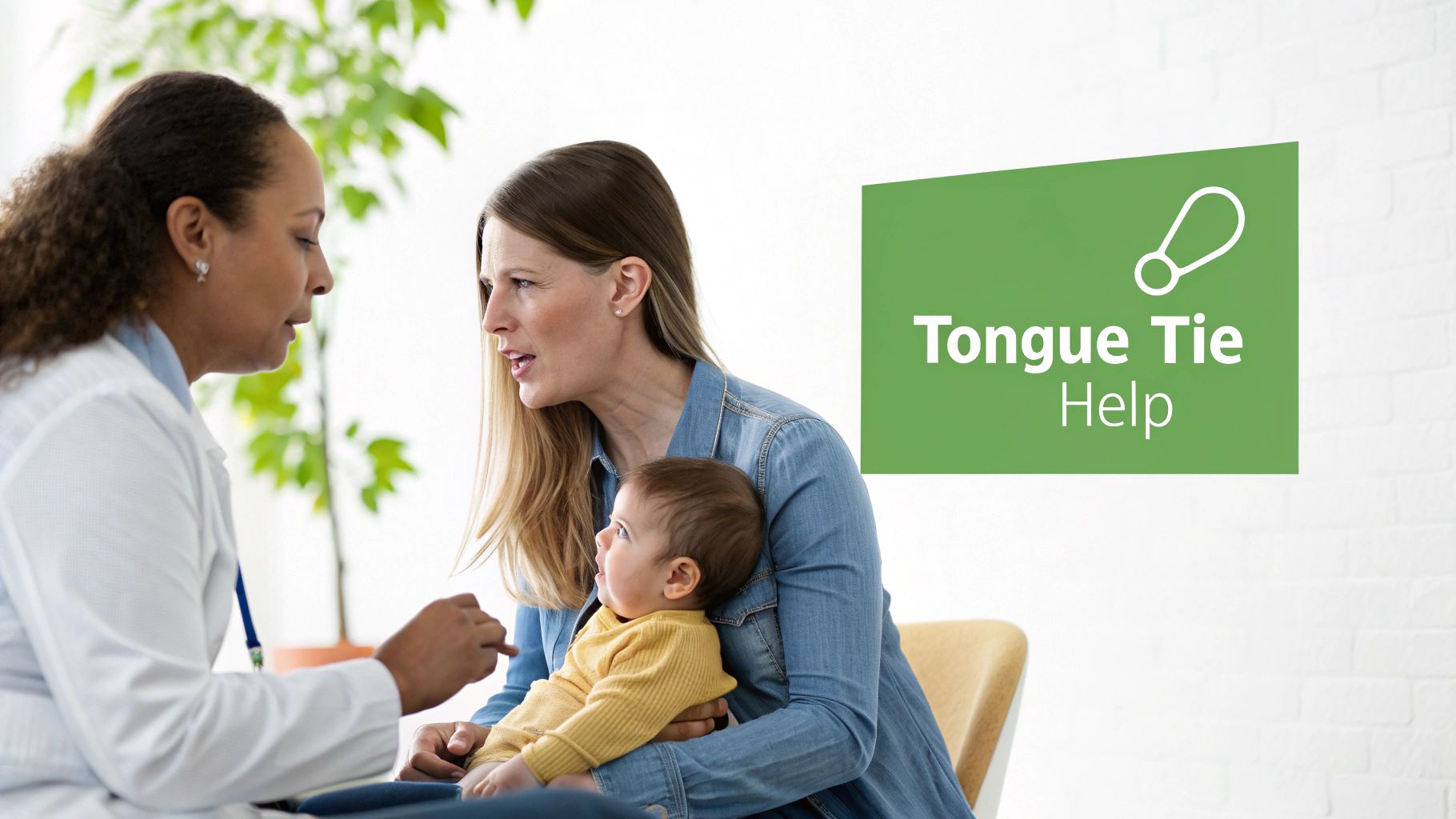 A doctor in a white coat consults with a mother holding her baby about tongue tie.