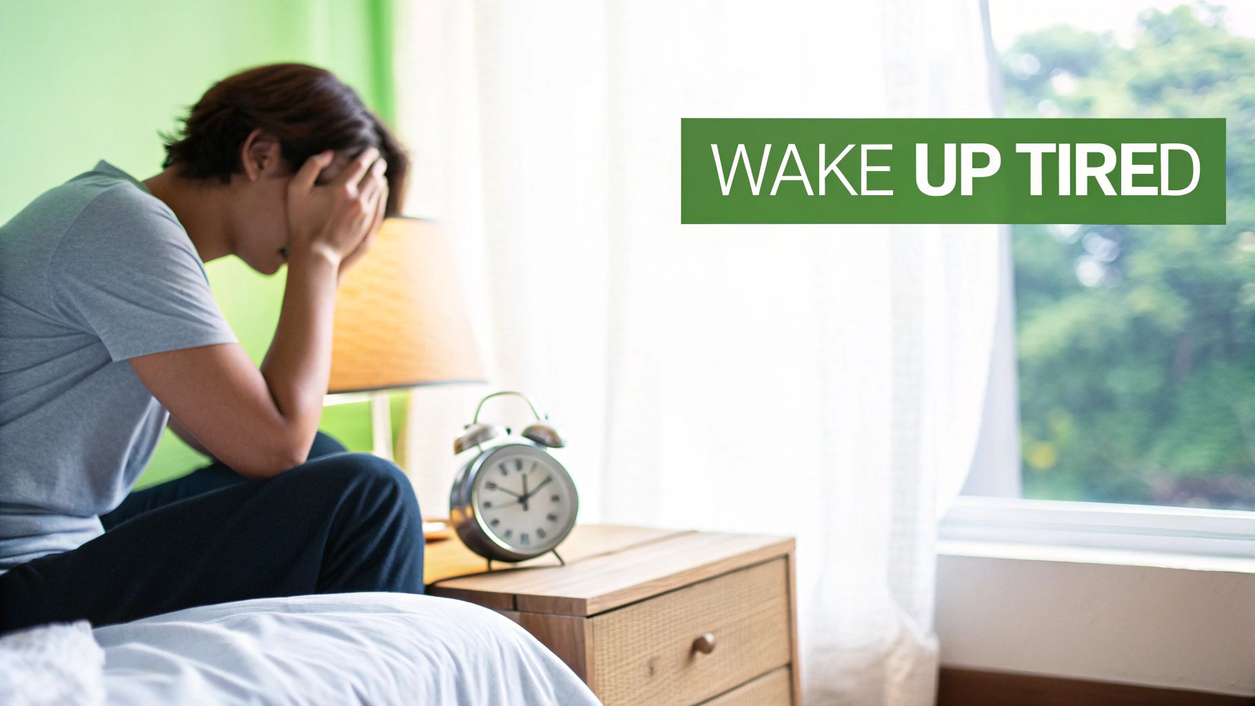 A tired person sitting on a bed with hands covering face, next to an alarm clock, feeling exhausted.