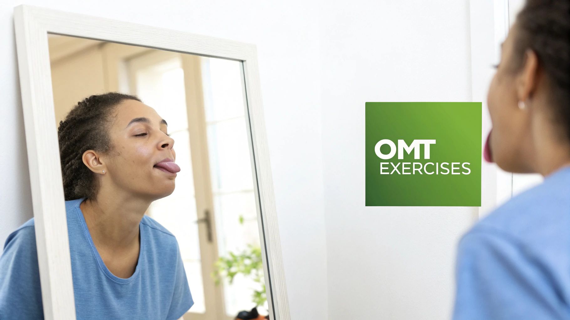 Young woman practices tongue exercises in a mirror, likely for orofacial myofunctional therapy.