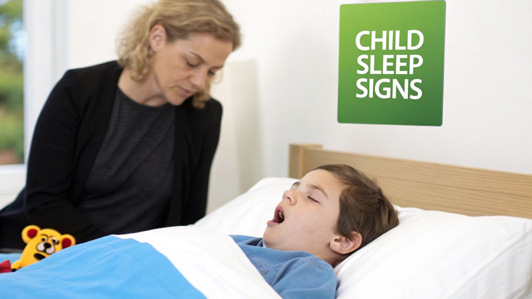 A woman observes a child sleeping with an open mouth in bed, near a 'CHILD SLEEP SIGNS' poster.