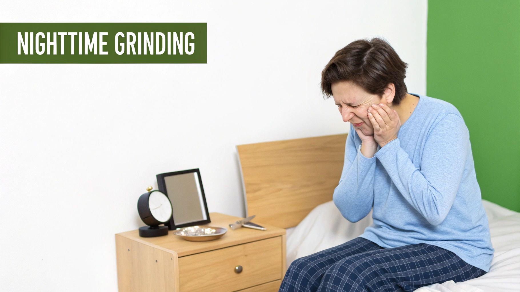 A person in pajamas holding their painful jaw in bed, suffering from nighttime grinding.