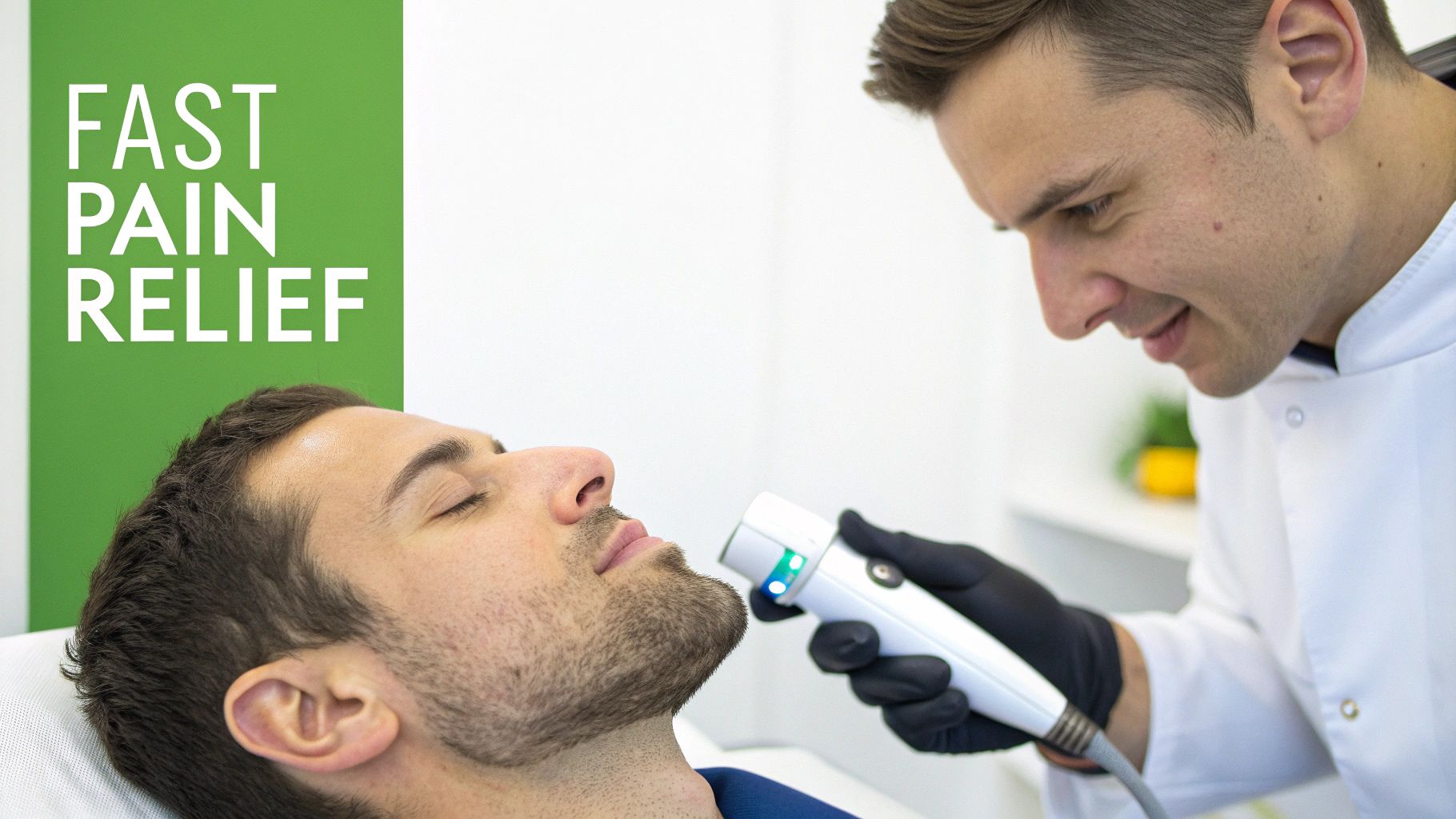 A doctor applies a therapeutic device to a man's jaw for fast pain relief.