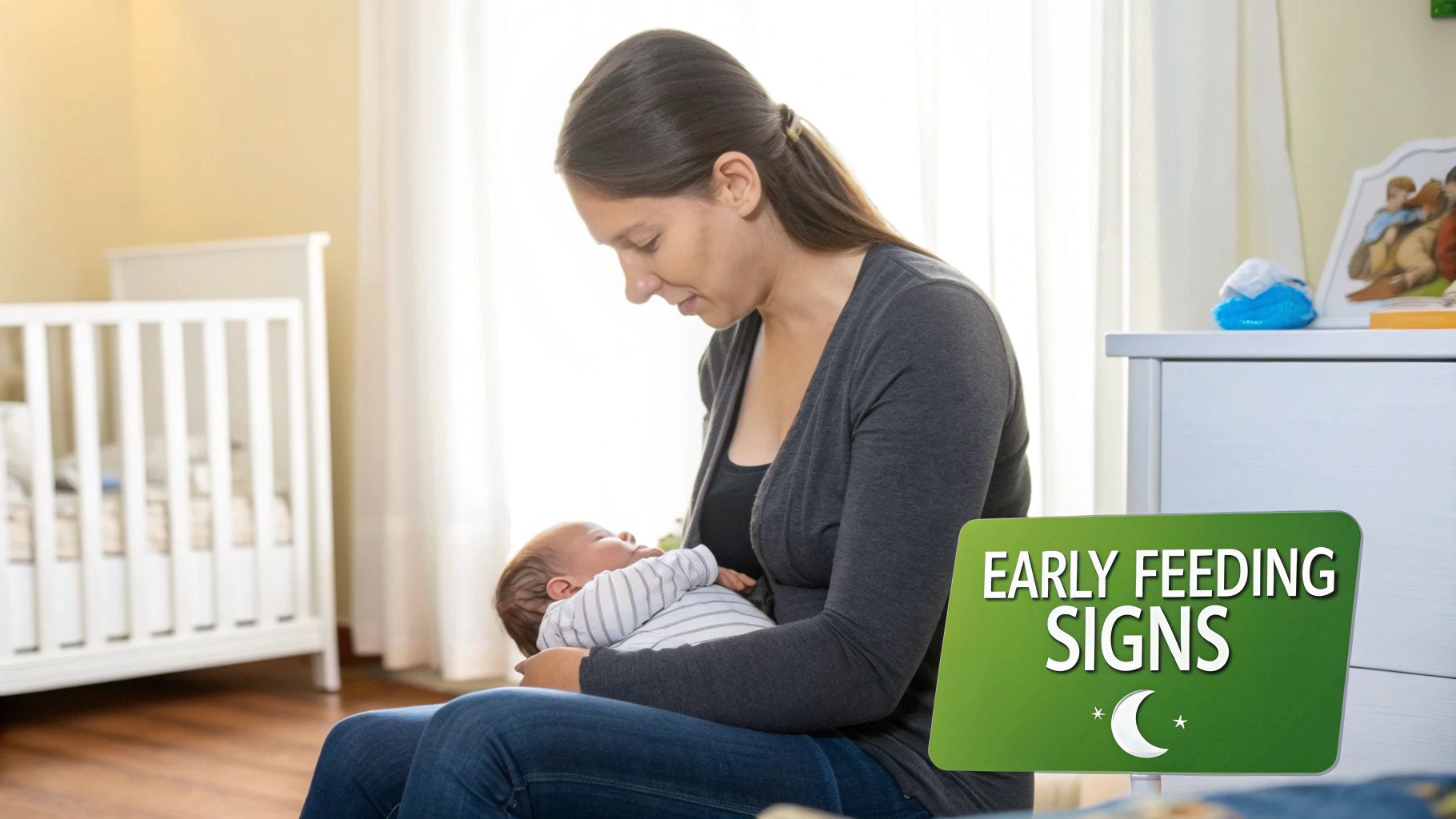 A mother gently holds her newborn baby in a nursery, with a 'Early Feeding Signs' overlay.