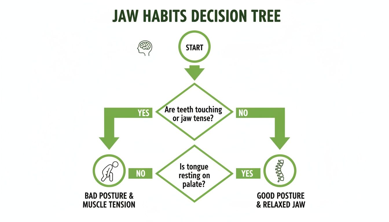 Decision tree flowchart guiding jaw habits, posture, and muscle tension towards relaxation or strain.