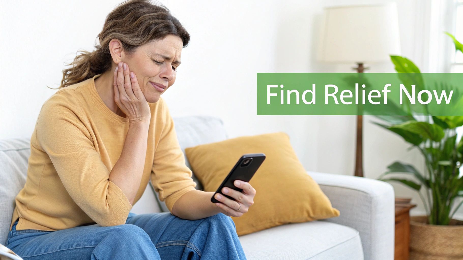 Woman with facial pain holding her jaw while looking at her phone on a couch.