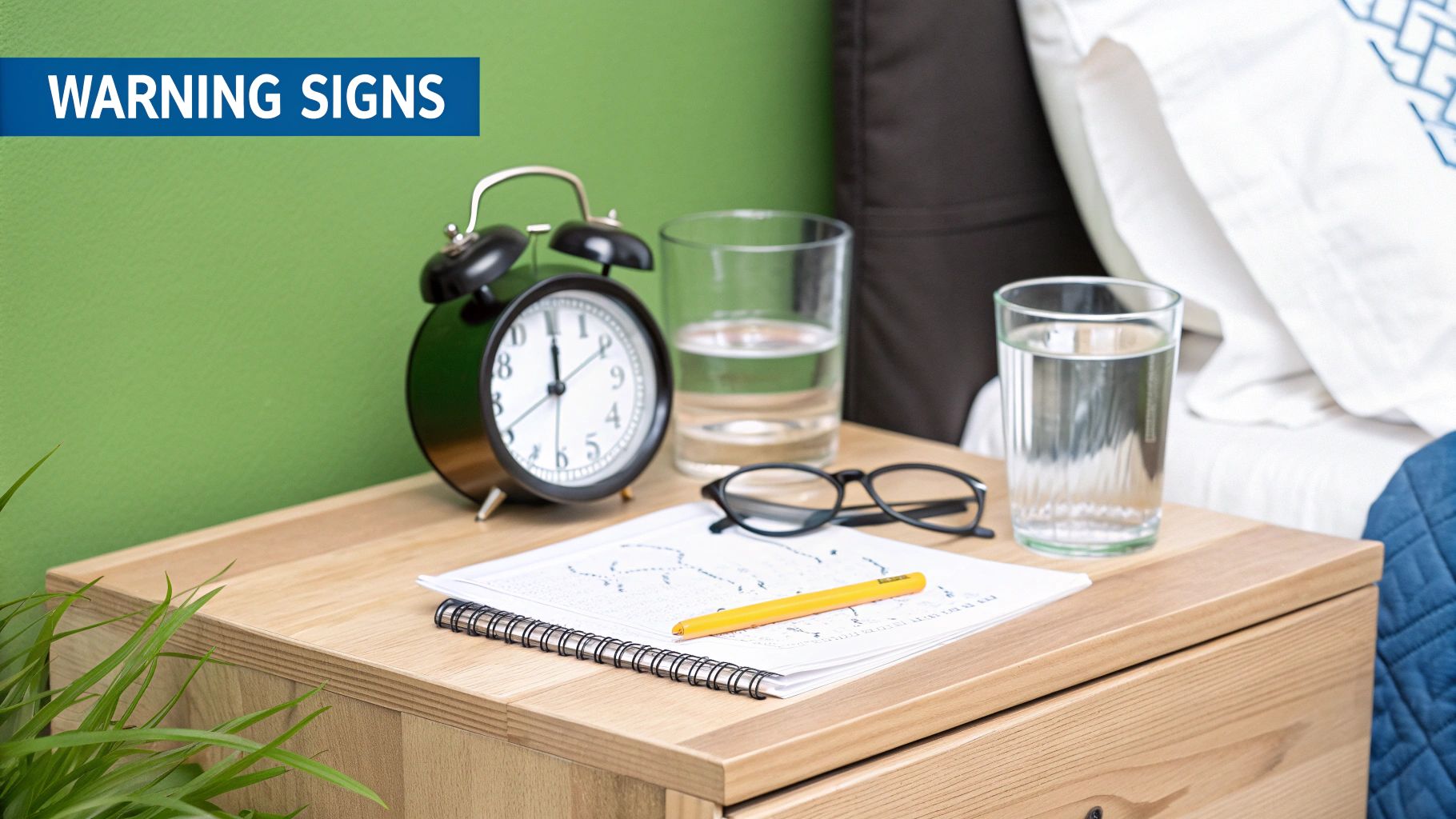 Bedside table with an alarm clock, two glasses of water, glasses, and a notebook, under a 'WARNING SIGNS' banner.