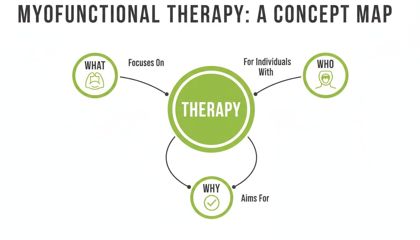 A concept map titled 'Myofunctional Therapy' illustrating its core aspects: what it focuses on, who it's for, and why.