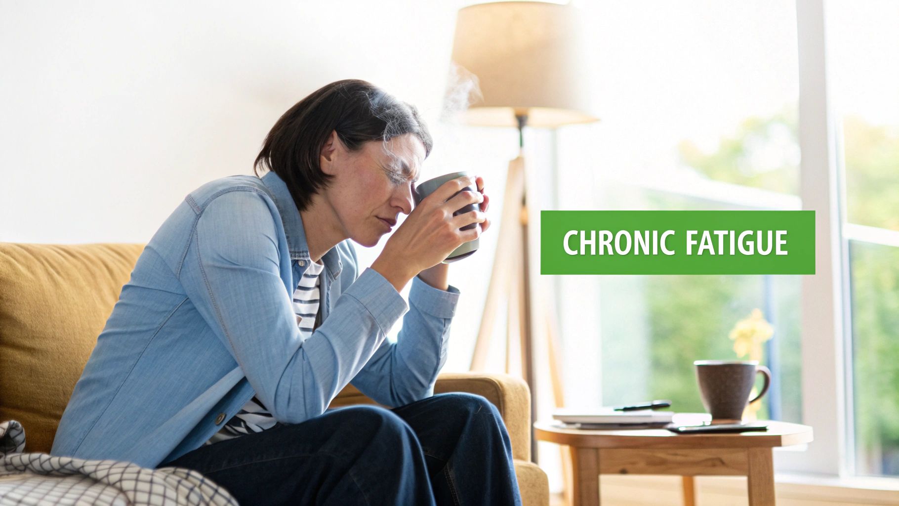 A fatigued woman on a couch sips a steaming mug, struggling with chronic fatigue.