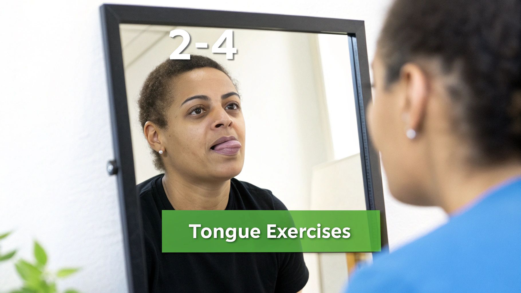 A woman looks into a mirror performing tongue exercises, with text 'Tongue Exercises' visible.