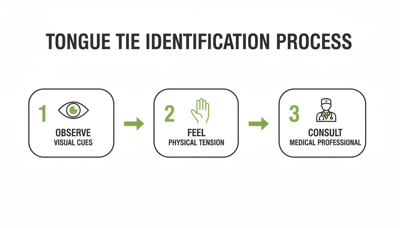 A three-step diagram illustrating the tongue tie identification process: observe visual cues, feel physical tension, and consult a medical professional.
