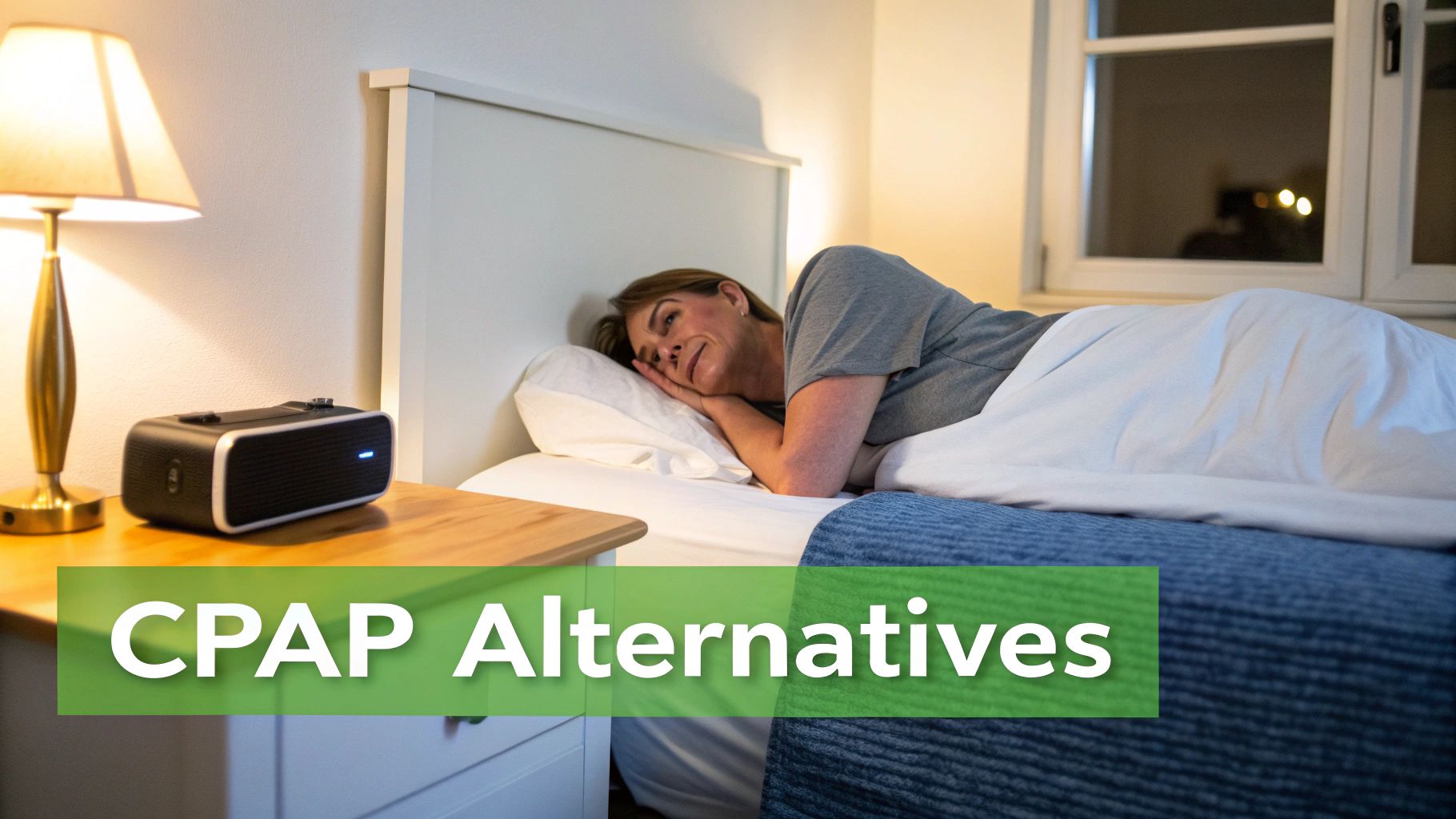 A woman lies in bed next to a sleep device, with the text 'CPAP Alternatives'.