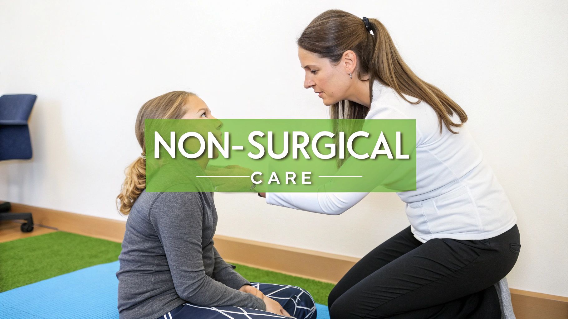 A healthcare professional engages with a young girl on a mat, emphasizing non-surgical care.