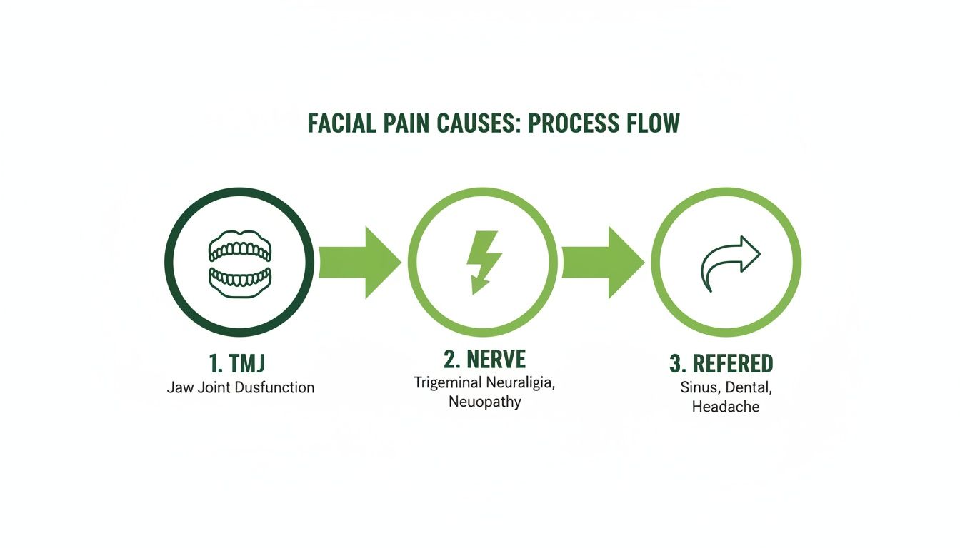A process flow diagram illustrating the three main causes of facial pain: TMJ, nerve, and referred pain.