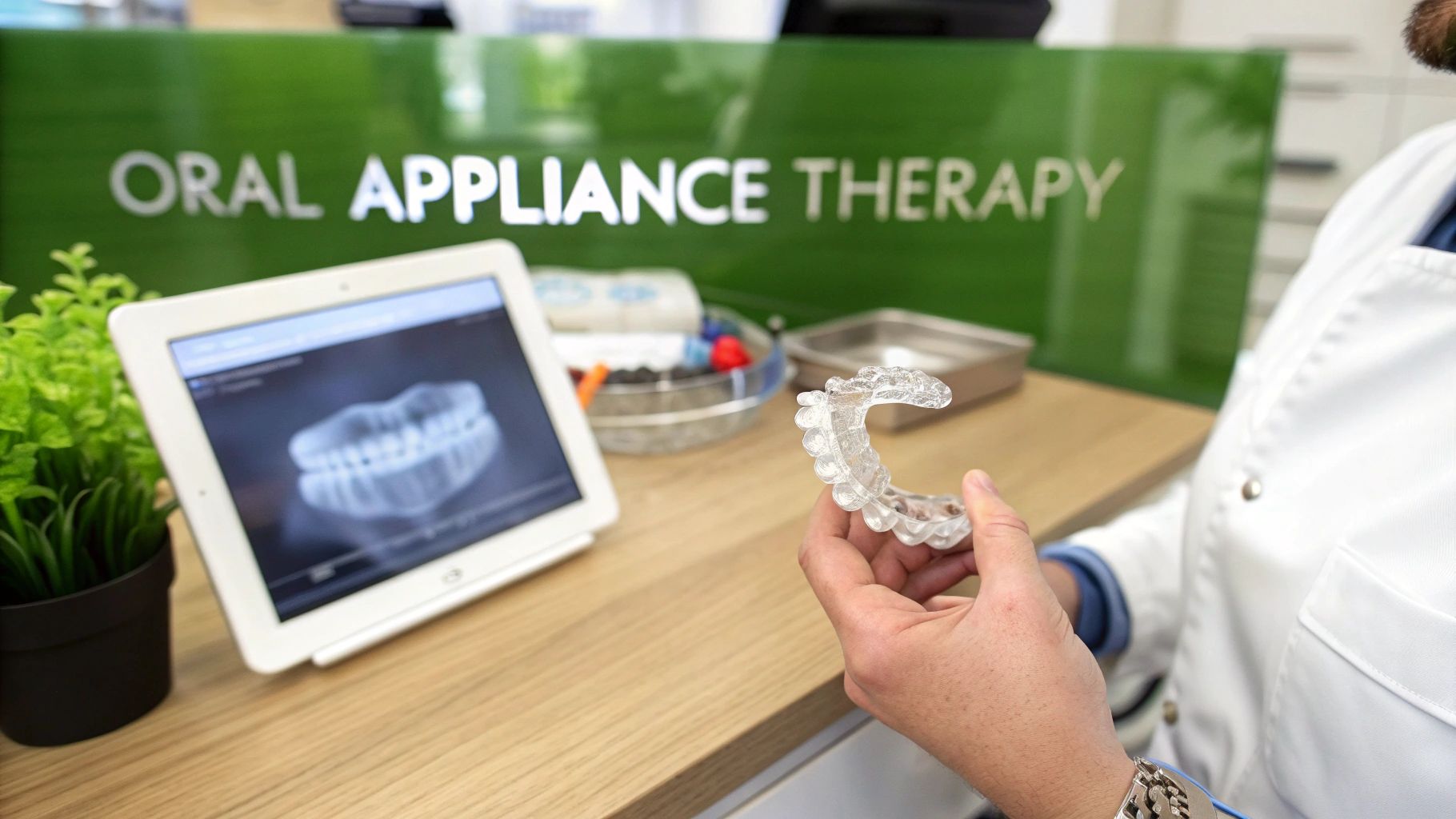Dentist holds clear dental appliance near a tablet showing teeth scan for oral therapy.