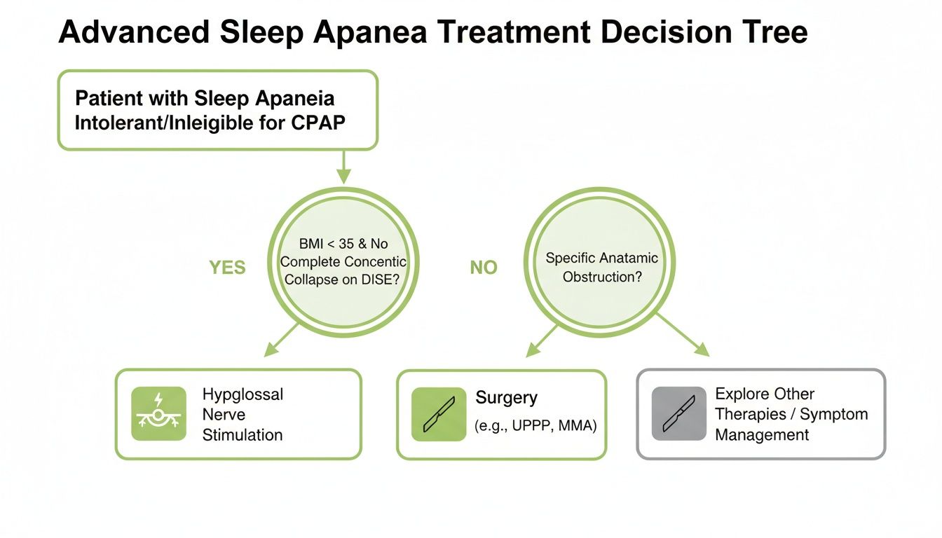 Advanced sleep apnea treatment decision tree outlining alternative therapies for patients ineligible for CPAP.