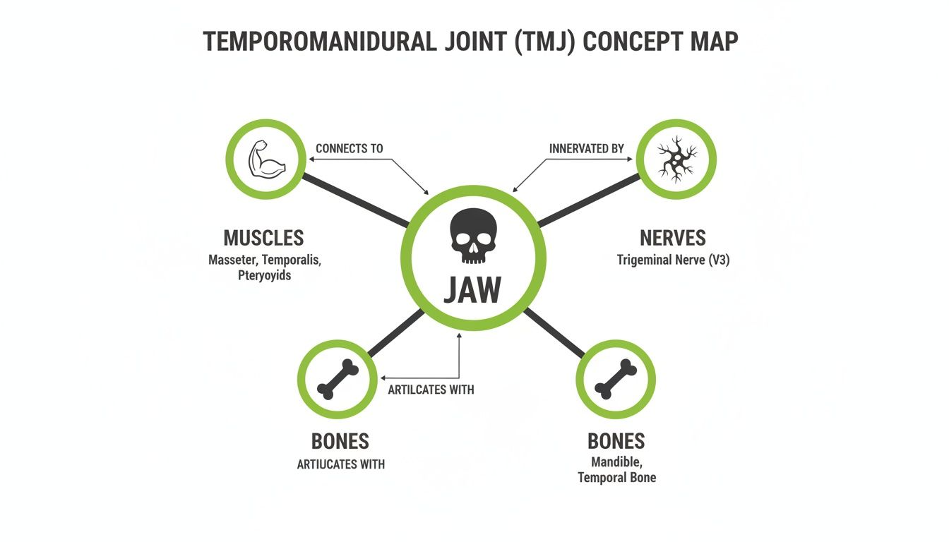 A concept map showing the Temporomandibular Joint (TMJ) or jaw and its connections to muscles, nerves, and bones.