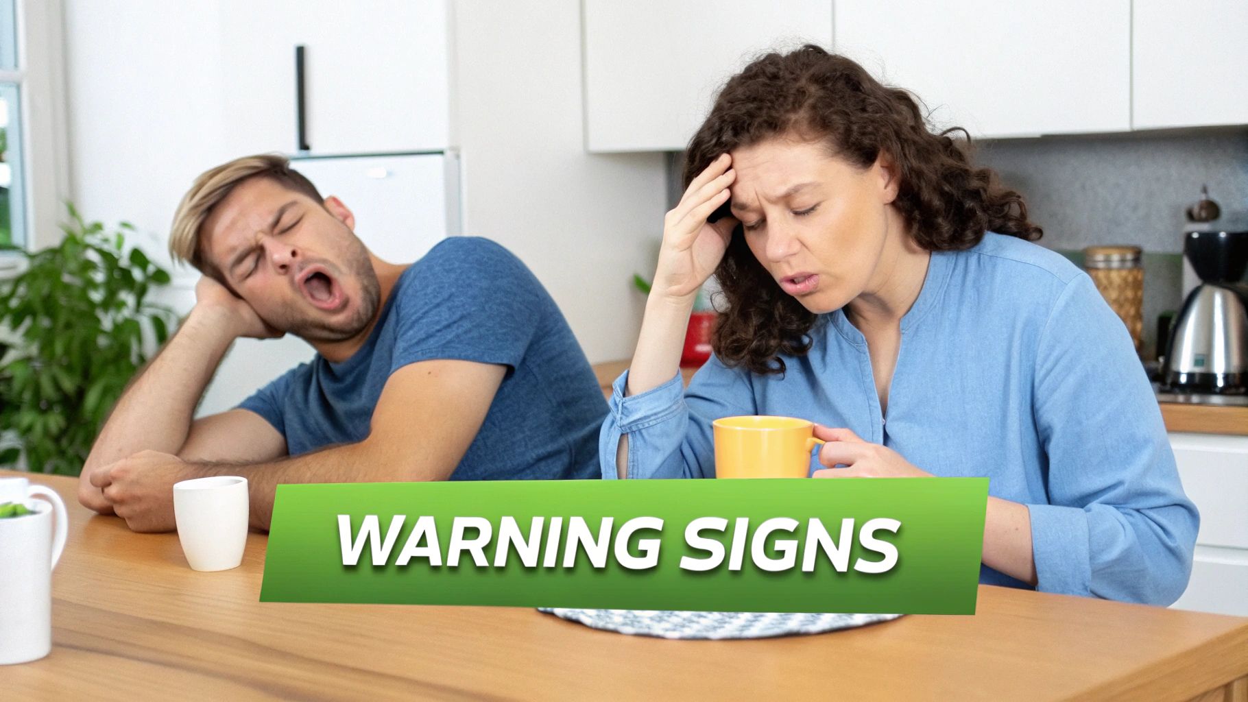 A tired man yawning and a distressed woman holding her head, with a 'WARNING SIGNS' overlay.