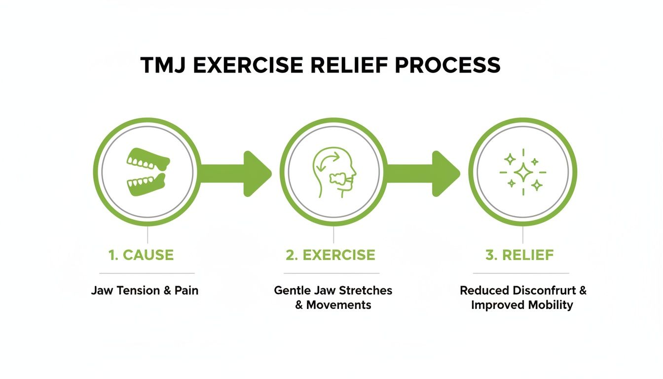 A diagram illustrating the TMJ exercise relief process from jaw tension and pain to improved mobility.
