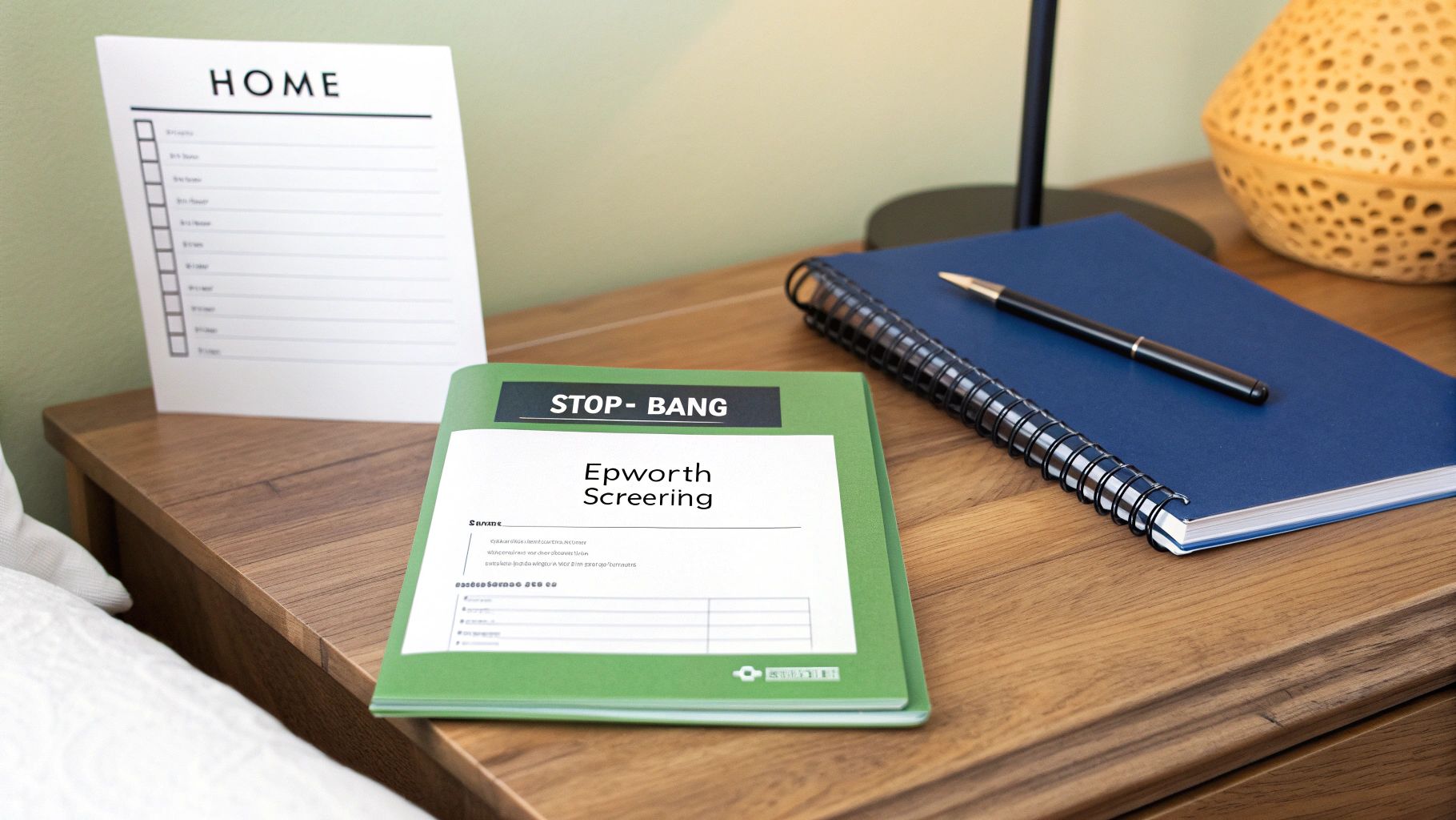 A bedside table with a 'HOME' checklist, a green Epworth Screening booklet, and a blue notebook with a pen.