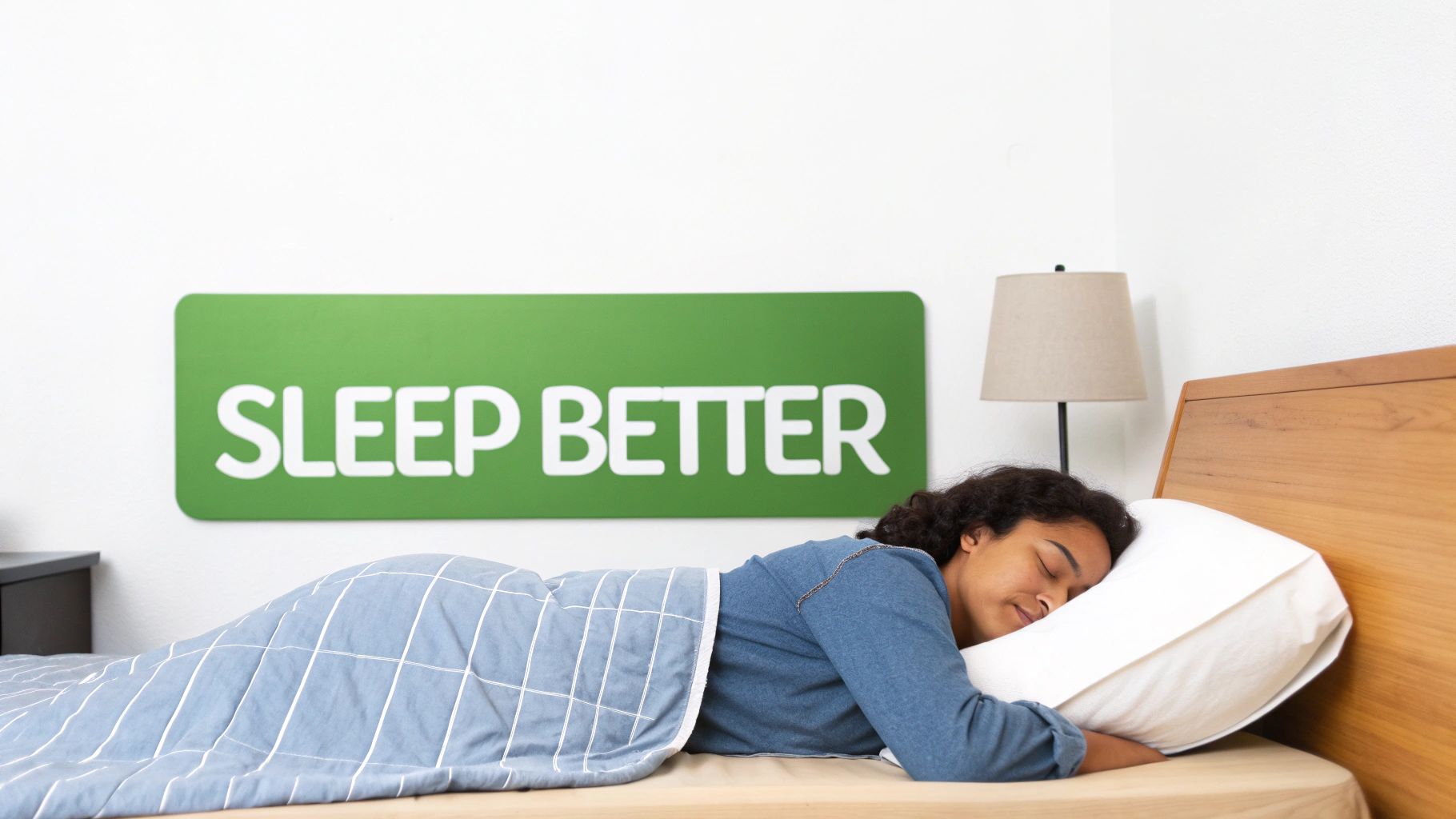 A woman sleeping soundly on her side in bed under a duvet, with a 'SLEEP BETTER' sign.