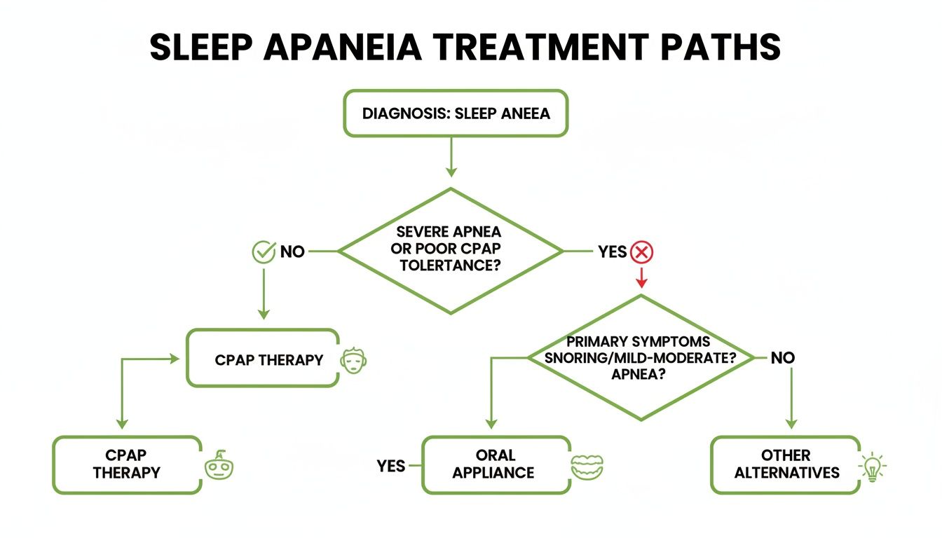 Flowchart detailing sleep apnea treatment options based on diagnosis, severity, and CPAP tolerance.