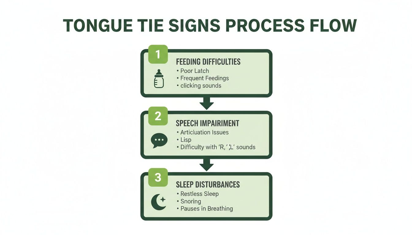 Flowchart illustrating the process flow of tongue tie signs, including feeding, speech, and sleep difficulties.