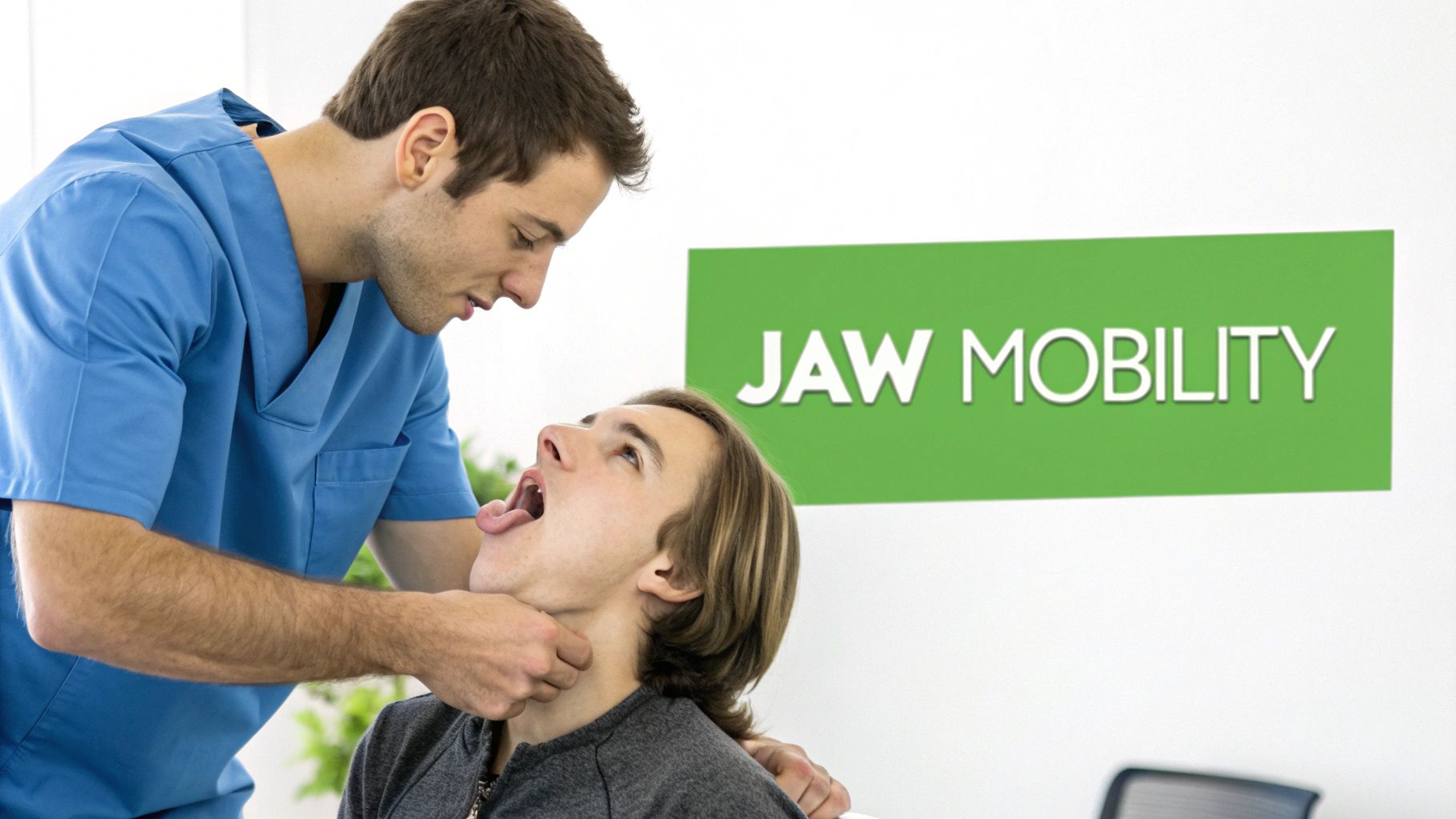 A healthcare professional in blue scrubs examines a young male patient's open mouth and jaw.