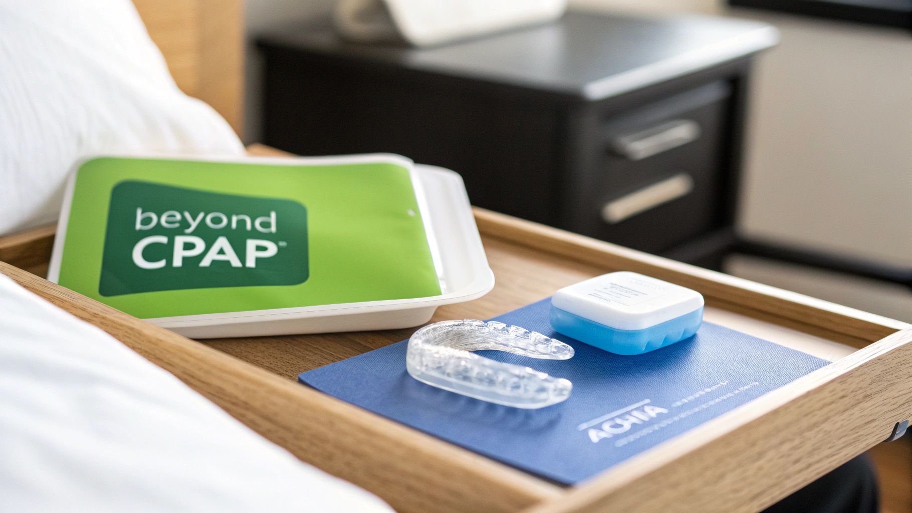 A wooden bedside tray with 'beyond CPAP' packaging, a clear oral appliance, and a small blue case.