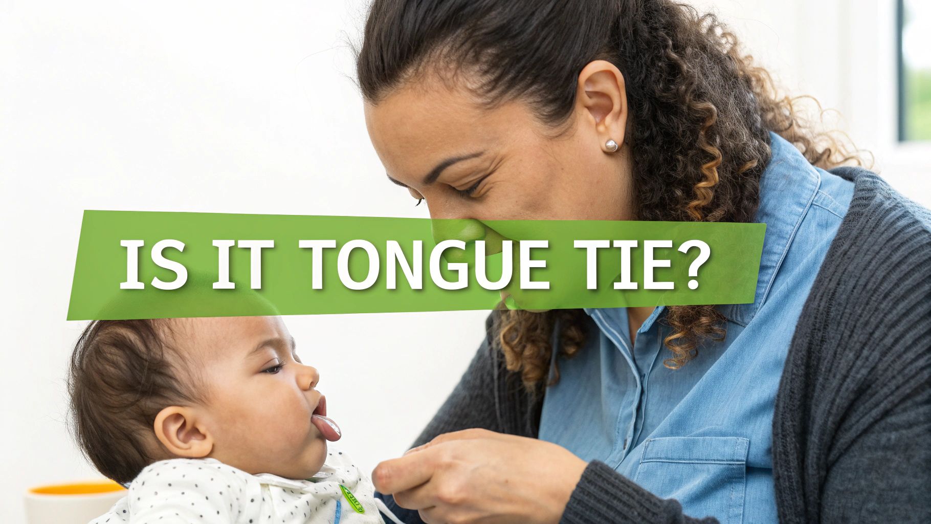 A caring mother gently examines her baby, whose tongue is out, asking "IS IT TONGUE TIE?"