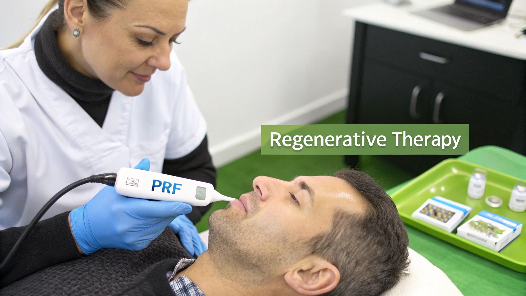 Medical professional applies a PRF device to a male patient's lower face for regenerative therapy.
