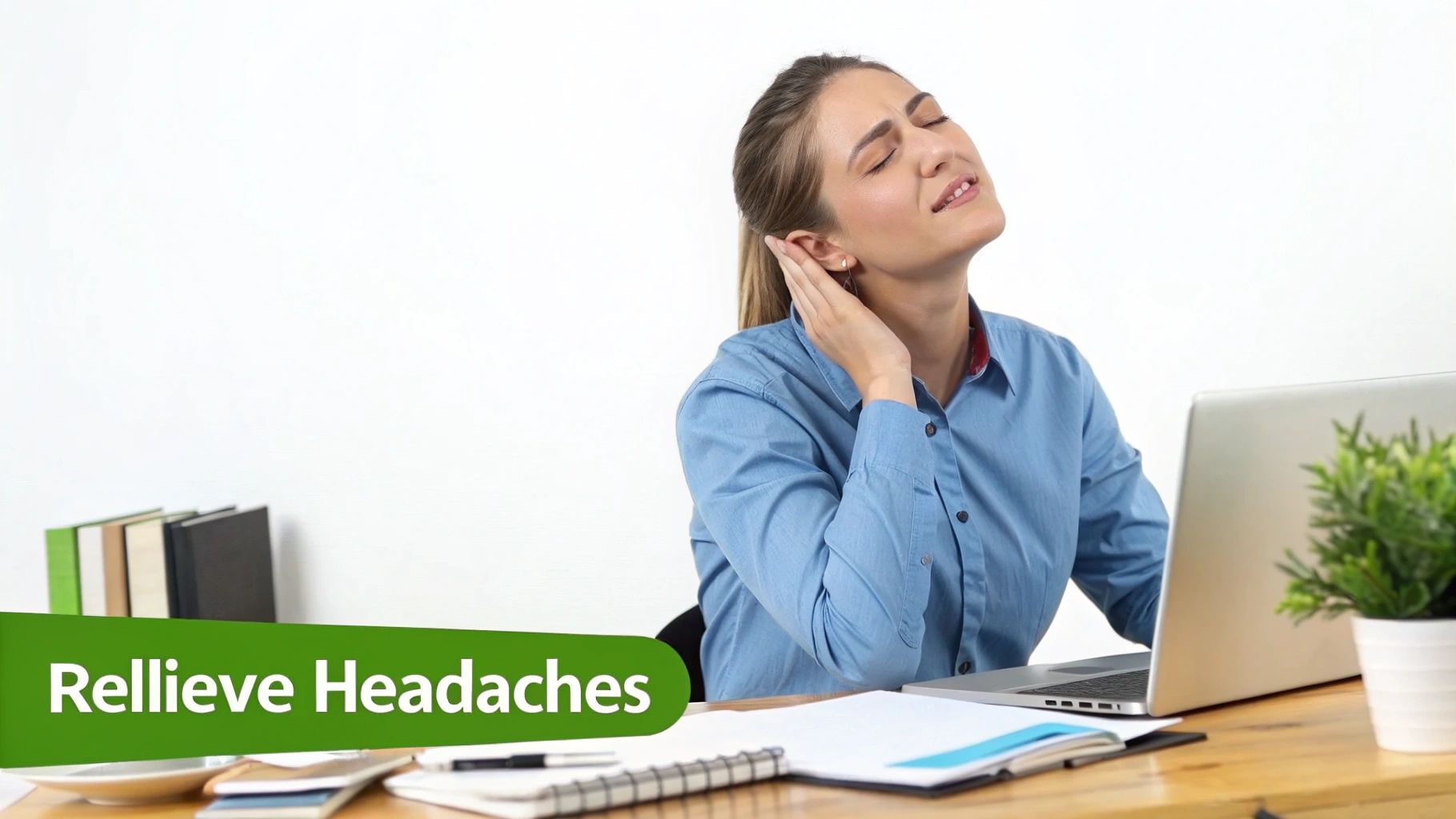 A woman at a desk with a laptop, holding her neck and head, seeking headache relief.