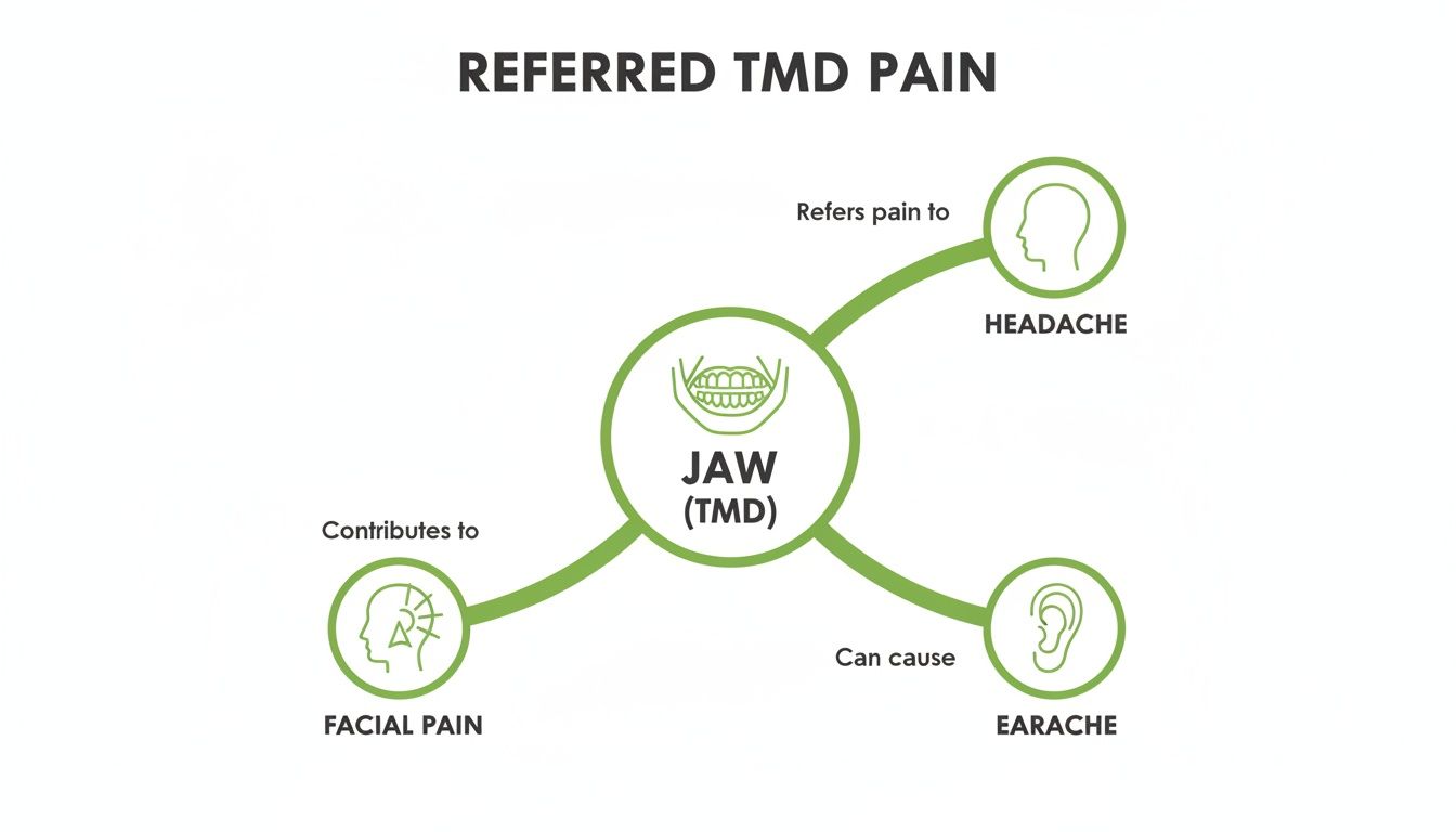 Diagram illustrating referred TMD pain, showing how jaw dysfunction can lead to headache, facial pain, and earache.