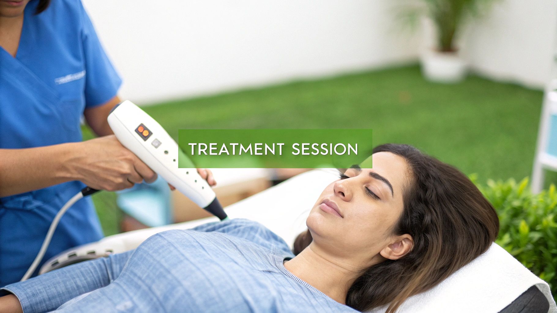 A medical professional in blue scrubs performs cold laser therapy on a patient's neck, who lies with closed eyes.