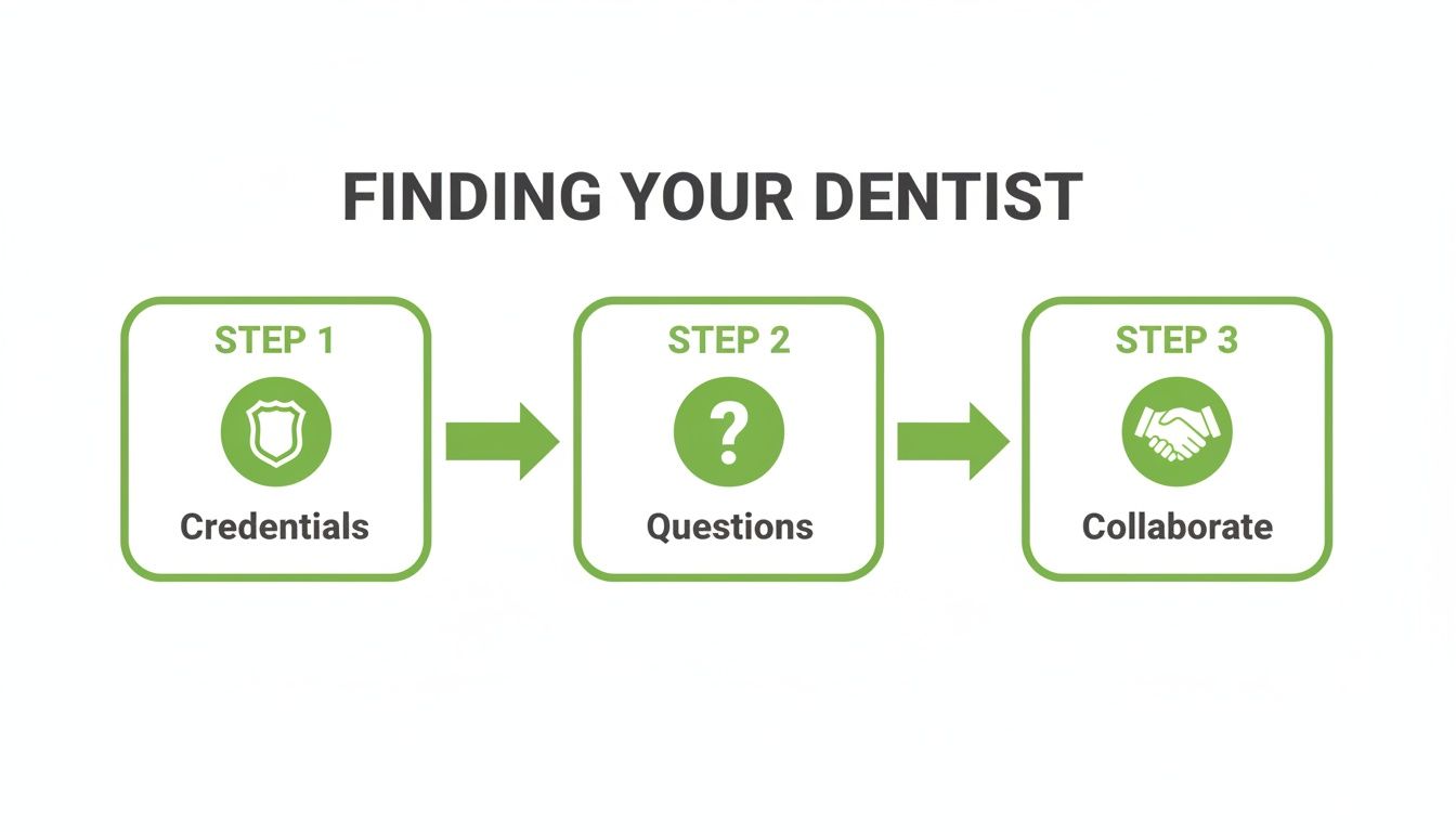 Infographic showing three steps to finding a dentist: Credentials, Questions, and Collaborate.