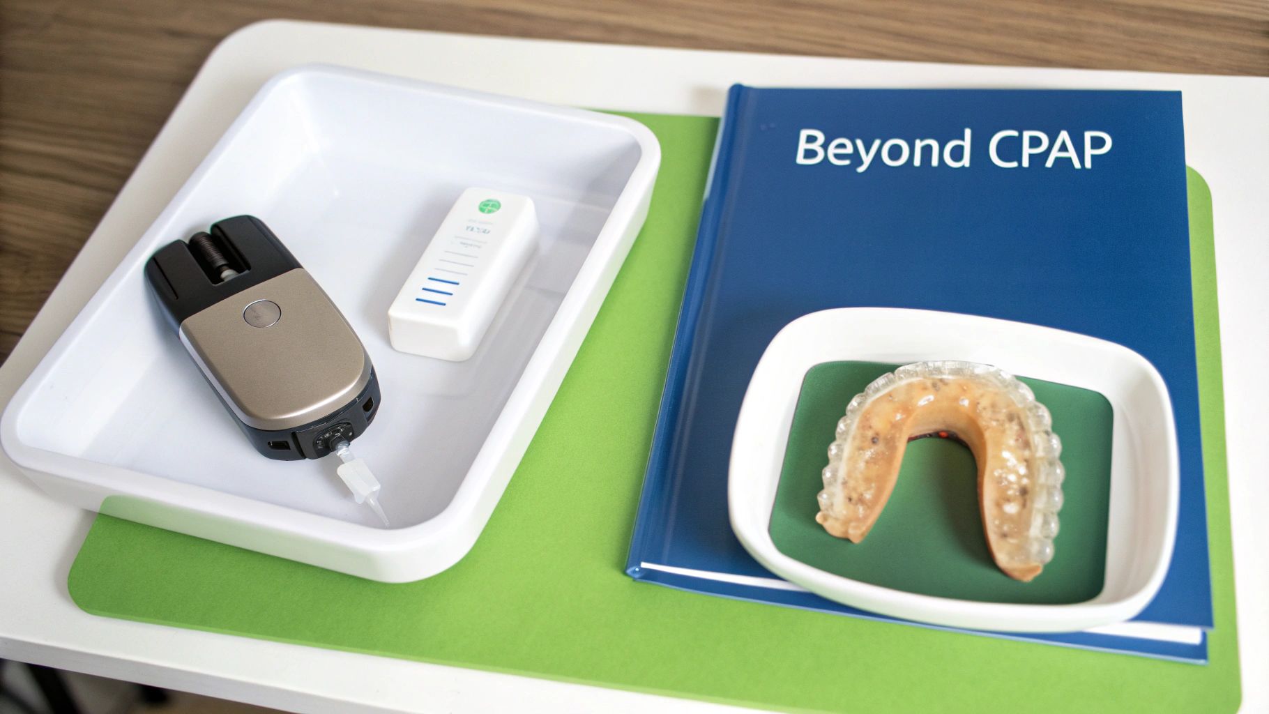 Various medical devices for sleep apnea, including an oral appliance and portable monitor, with a 'Beyond CPAP' brochure.