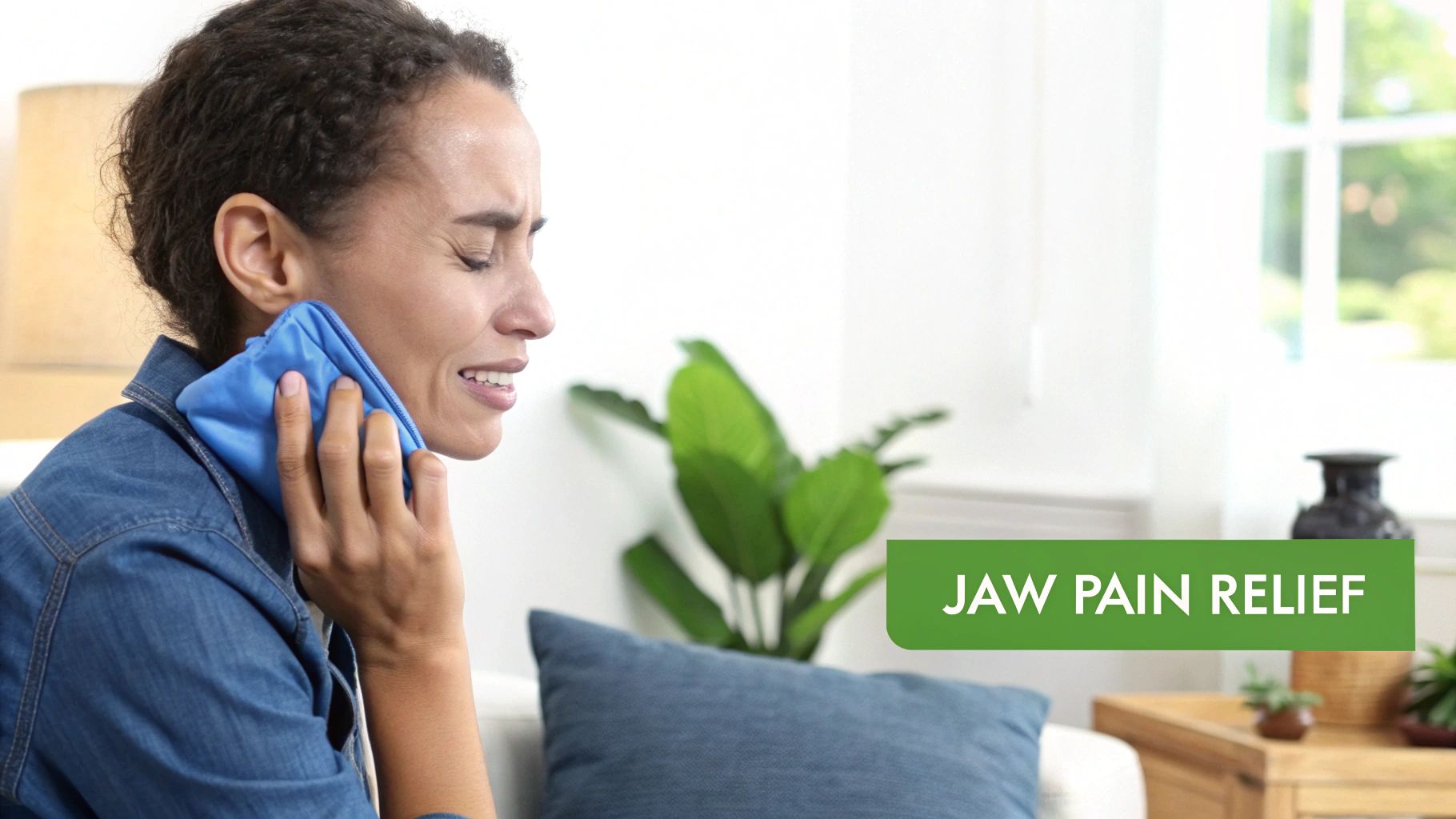 A woman with curly hair holds a blue ice pack to her painful jaw, eyes closed.