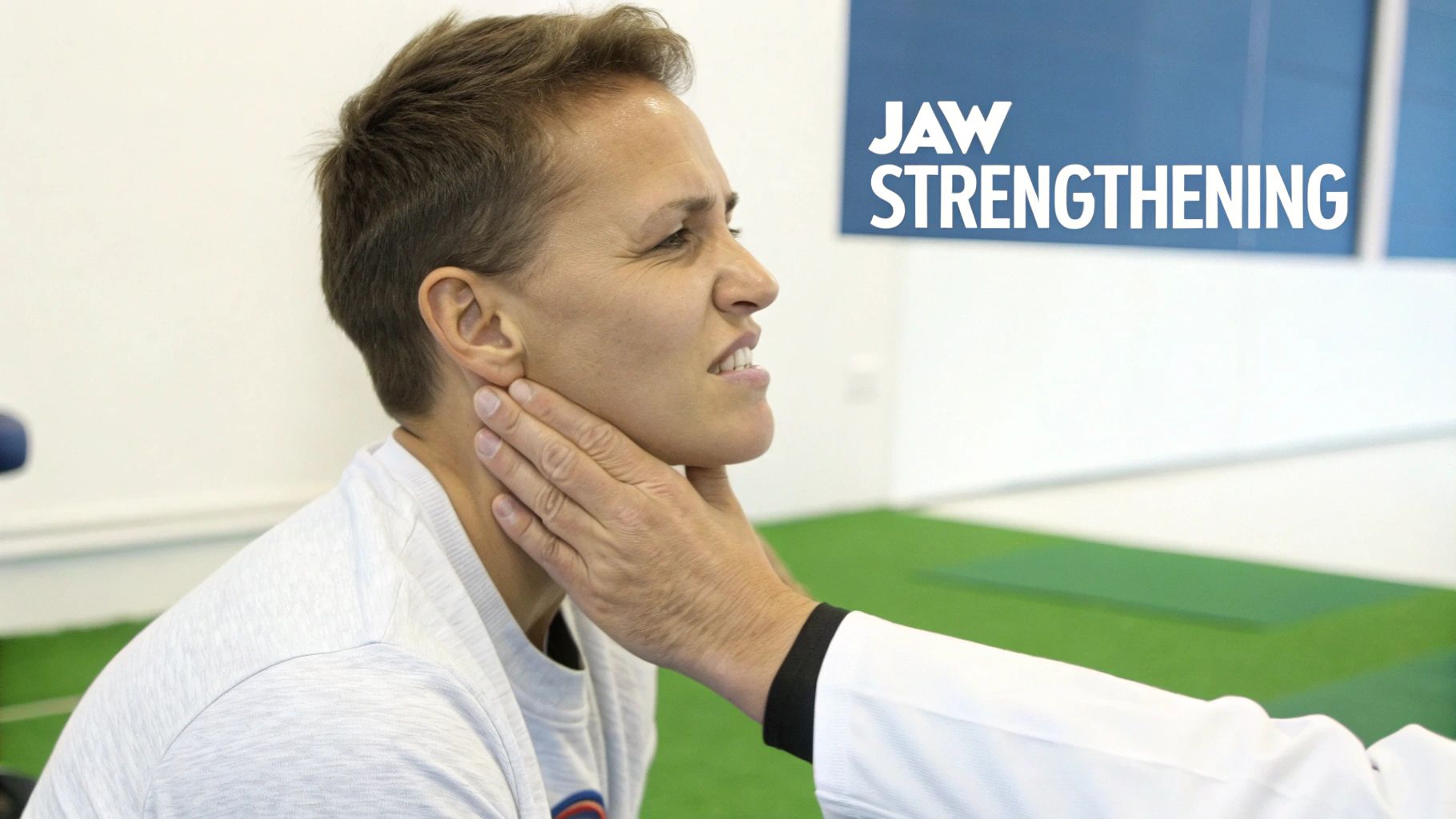 A person receiving assisted jaw strengthening exercises from a healthcare professional, with text 'JAW STRENGTHENING' visible.